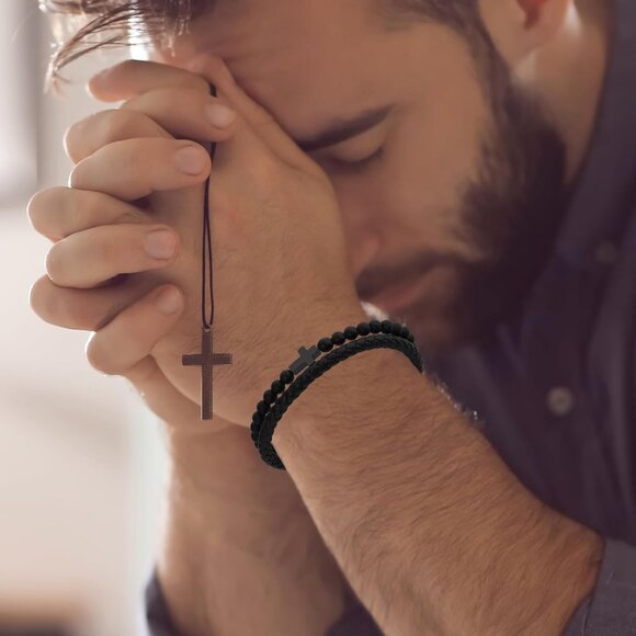 Men's Double-Row Black Braided Leather Bracelet with Stainless Steel Cross 8.5in - Picture 5 of 7